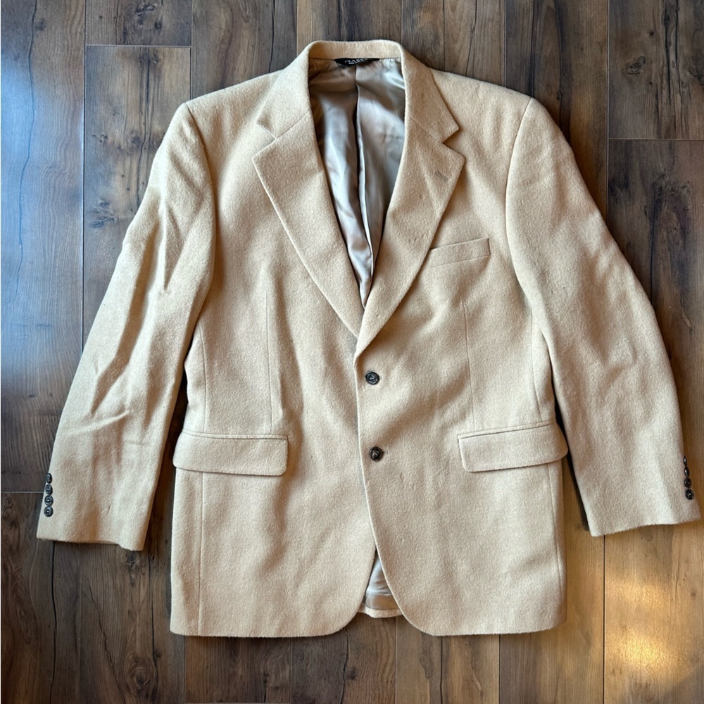 VTG Jos A Bank Camel Hair Coat Mens 43R Tan Wool Overcoat Classic Flawed